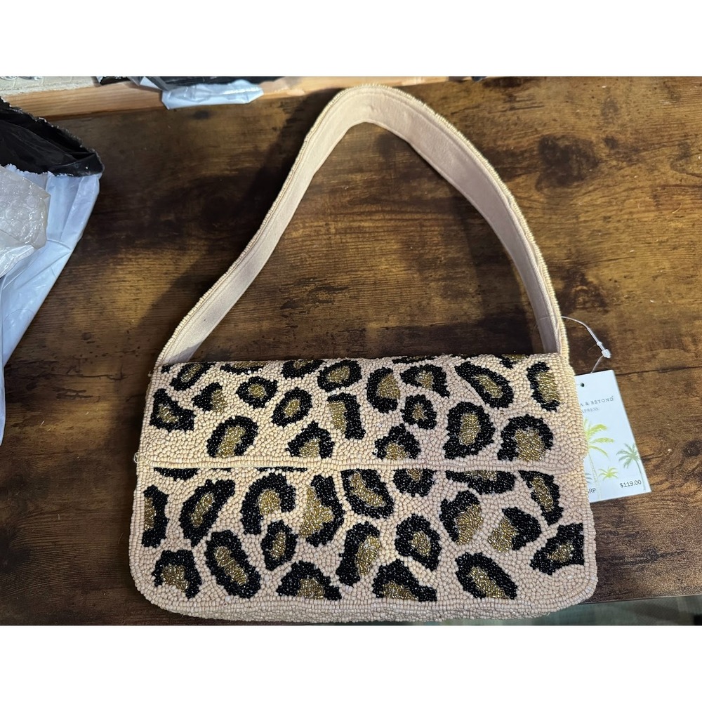 America & Beyond Leopard Express Beaded Shoulder Bag Animal Print NWT